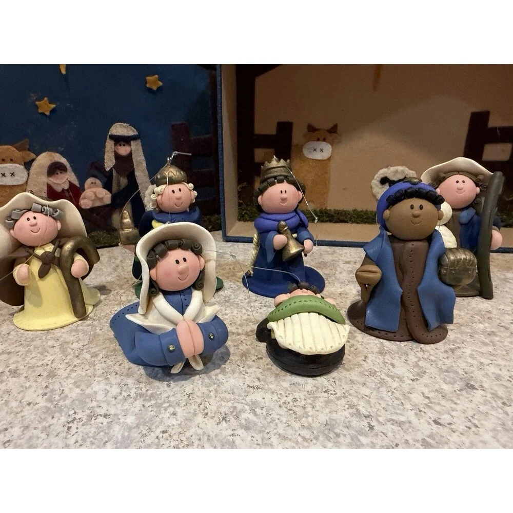 Handmade Nativity Ornament Set 7pc w/ Felt Stable Boxes Wise Men Mary BAF 2004